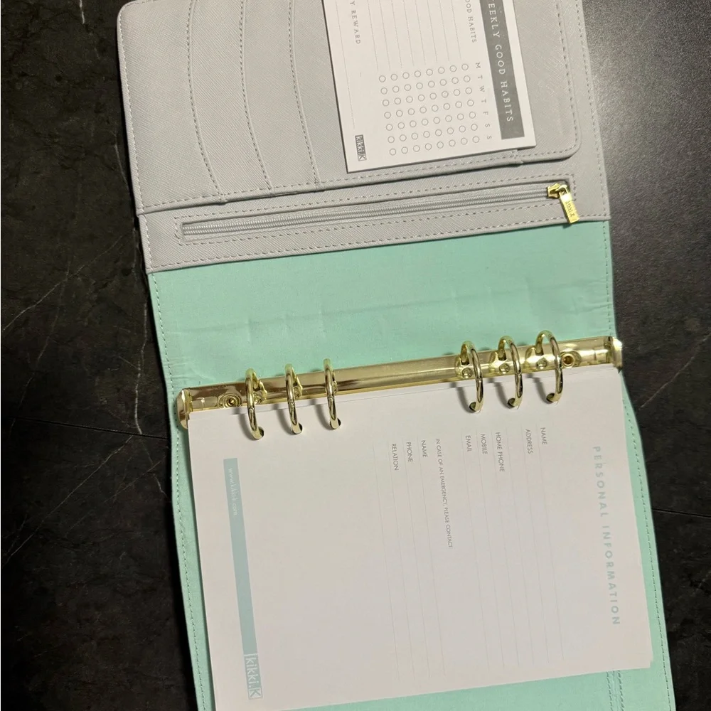 Kikki K Gray Leather Planner with Gold Button